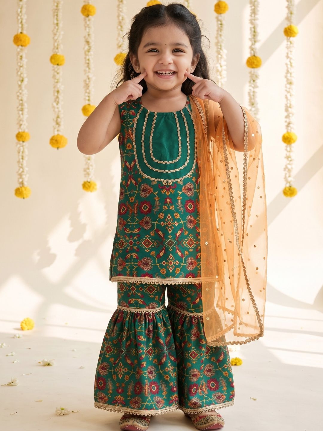 Green Ethnic Print Cotton Blend Kurti Sharara & Dupatta Set For Girls