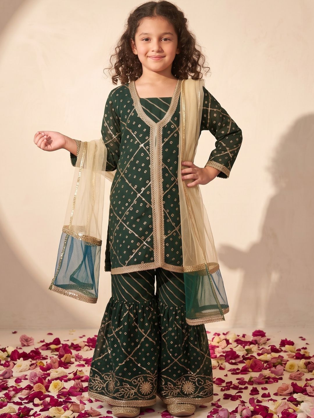 Green Embroidered Gotta Patti Kurti Sharara with Dupatta Set For Girls