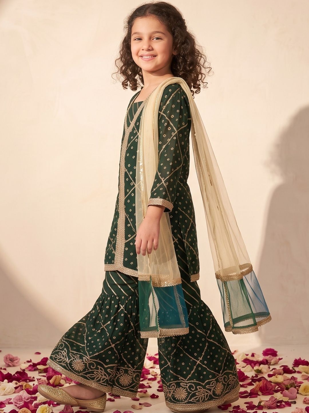 Green Embroidered Gotta Patti Kurti Sharara with Dupatta Set For Girls