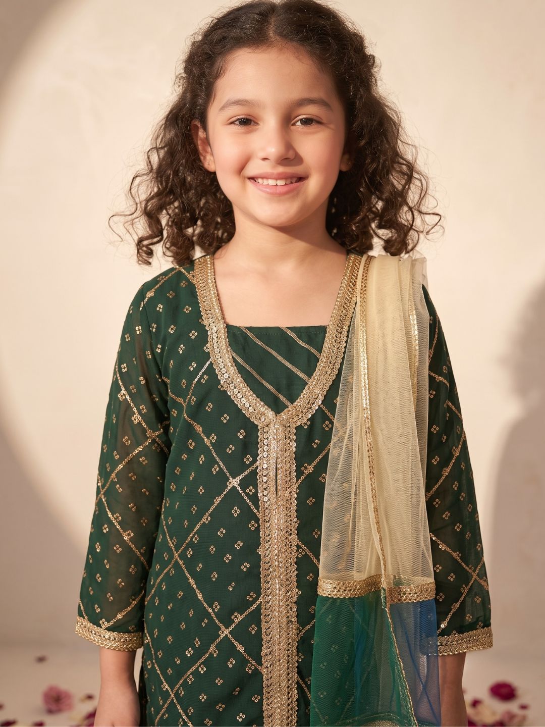 Green Embroidered Gotta Patti Kurti Sharara with Dupatta Set For Girls