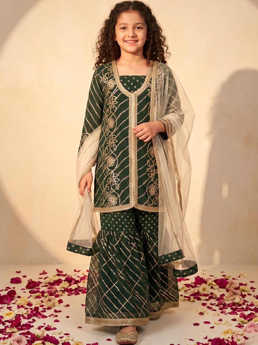 Green Embroidered Gotta Patti Kurti Sharara with Dupatta Set For Girls