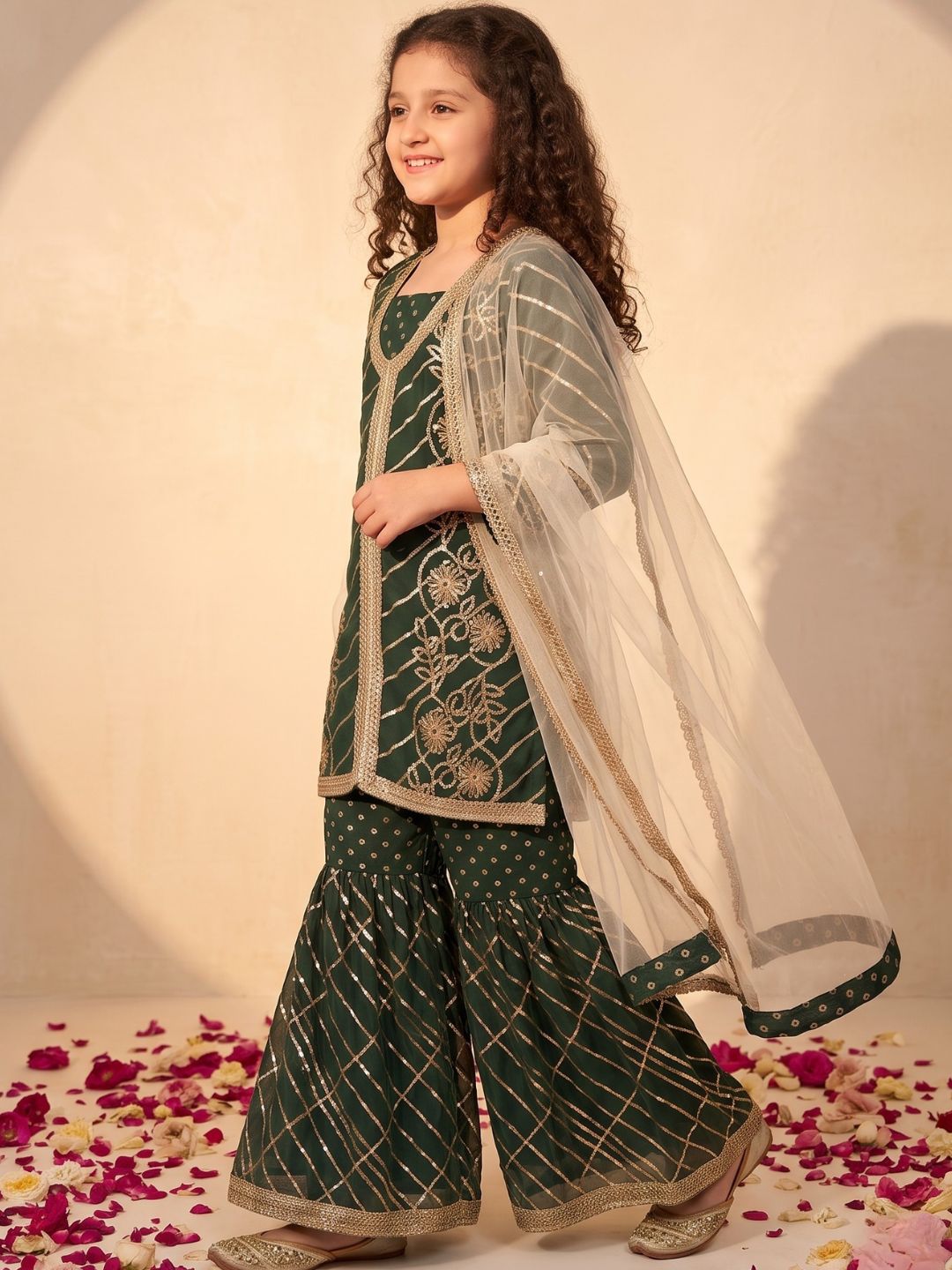 Green Embroidered Gotta Patti Kurti Sharara with Dupatta Set For Girls