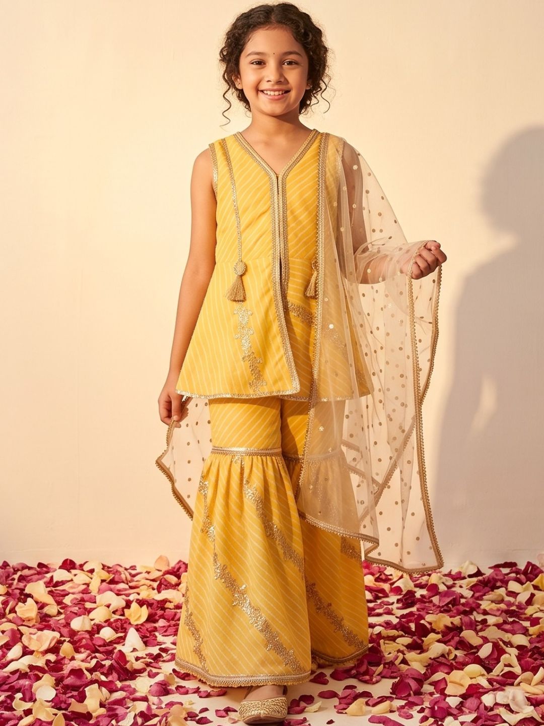 Yellow Georgette Leheriya Print Kurti Sharara With Dupatta Set For Girls