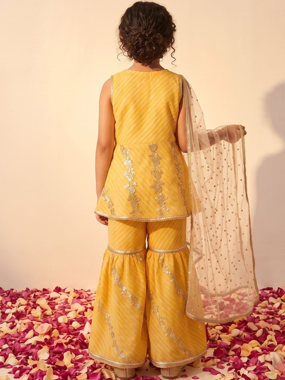 Yellow Georgette Leheriya Print Kurti Sharara With Dupatta Set For Girls