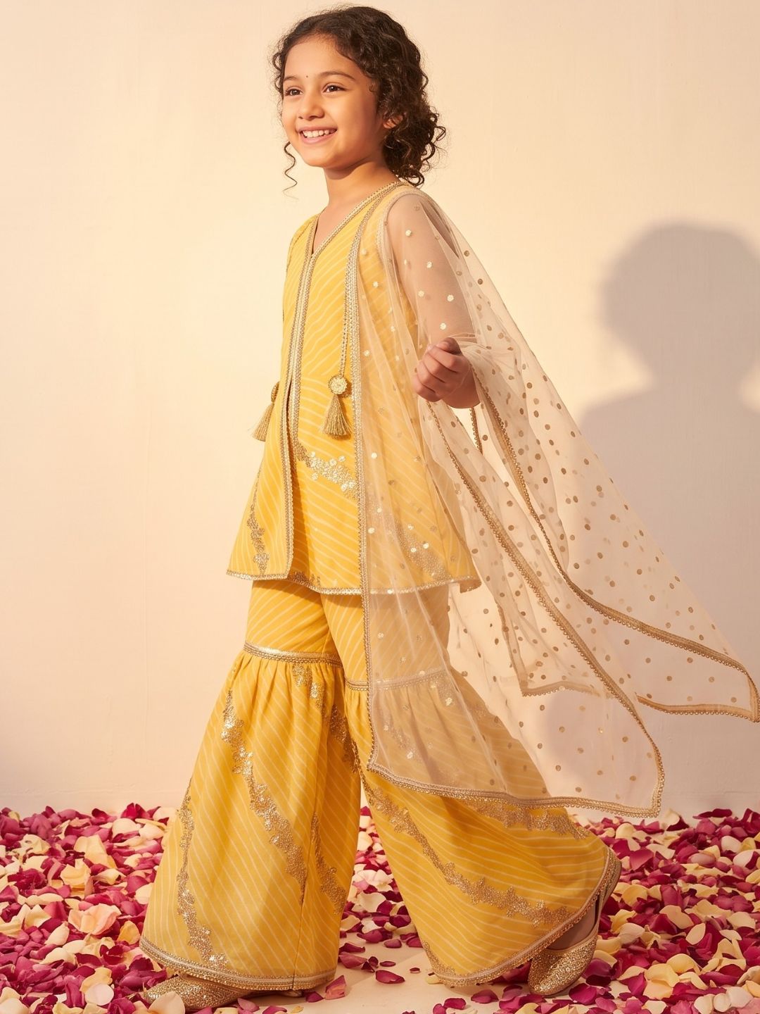 Yellow Georgette Leheriya Print Kurti Sharara With Dupatta Set For Girls