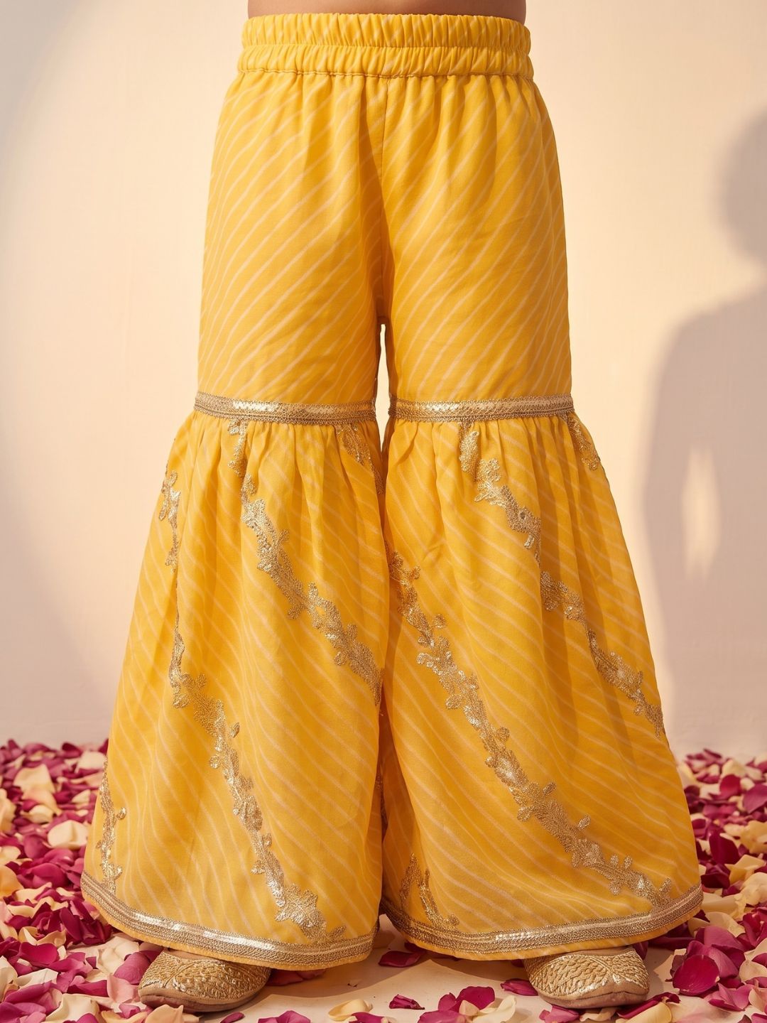Yellow Georgette Leheriya Print Kurti Sharara With Dupatta Set For Girls