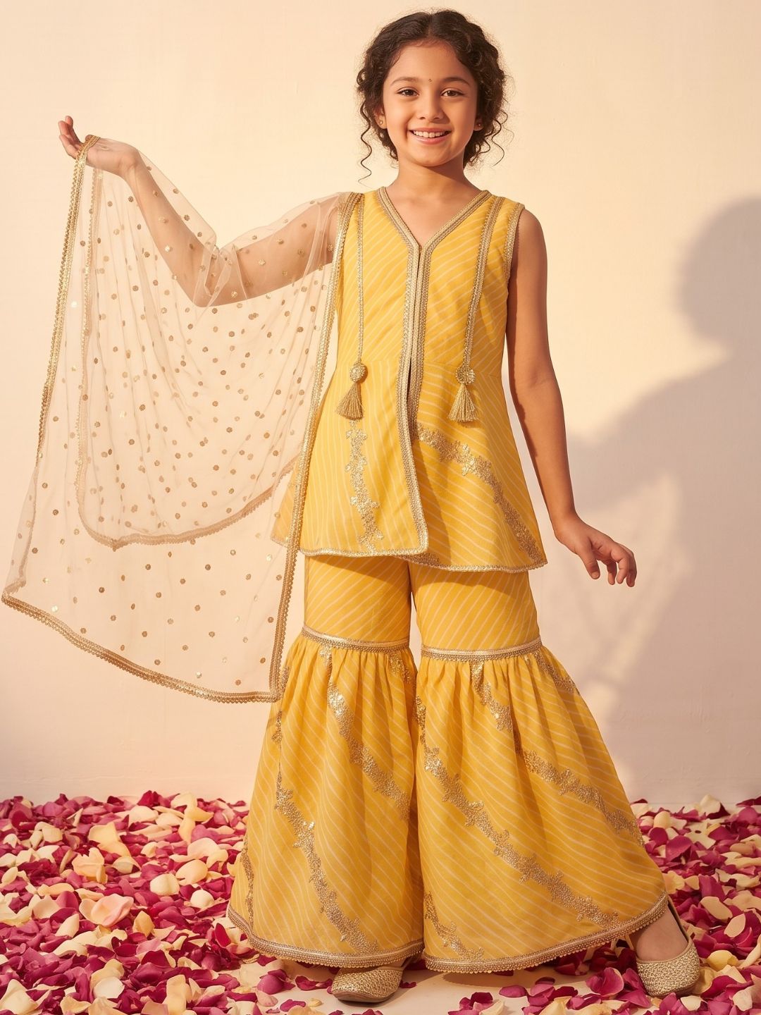 Yellow Georgette Leheriya Print Kurti Sharara With Dupatta Set For Girls