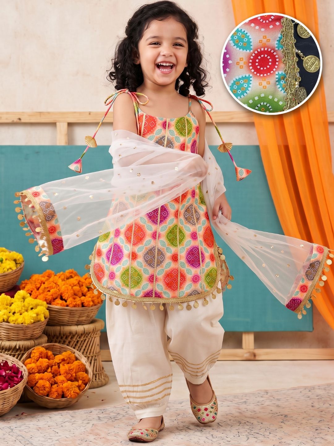 Multicolor Bhandani Print Silk Blend Girls Suit Set