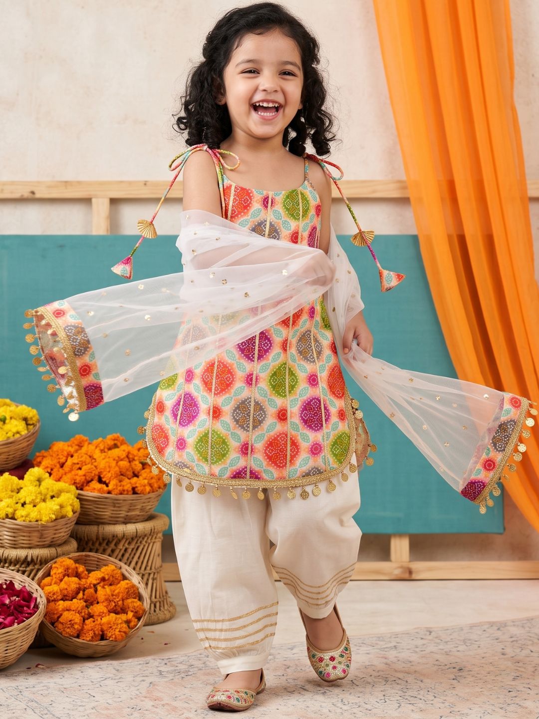 Multicolor Bhandani Print Silk Blend Girls Suit Set
