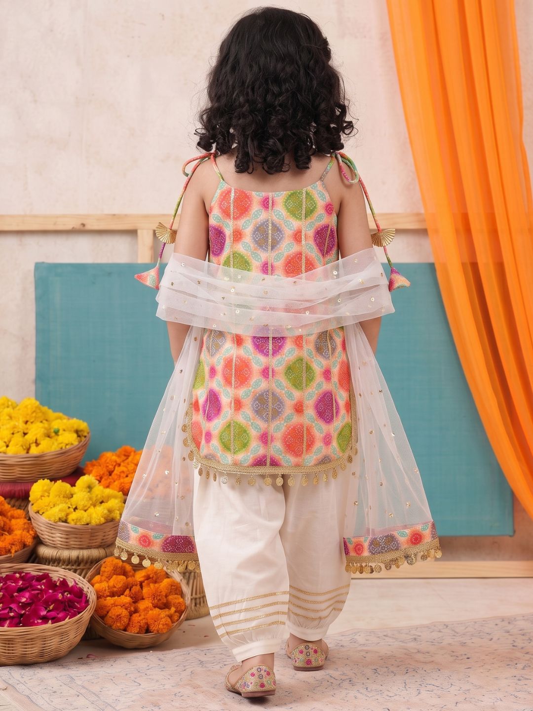 Multicolor Bhandani Print Silk Blend Girls Suit Set
