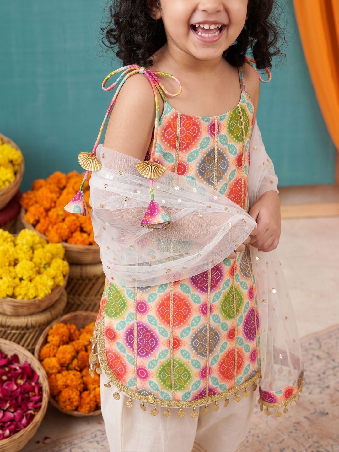 Multicolor Bhandani Print Silk Blend Girls Suit Set