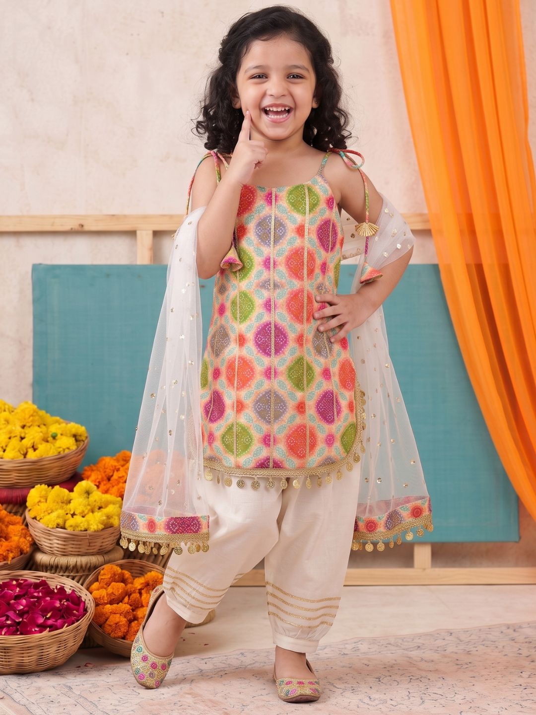 Multicolor Bhandani Print Silk Blend Girls Suit Set