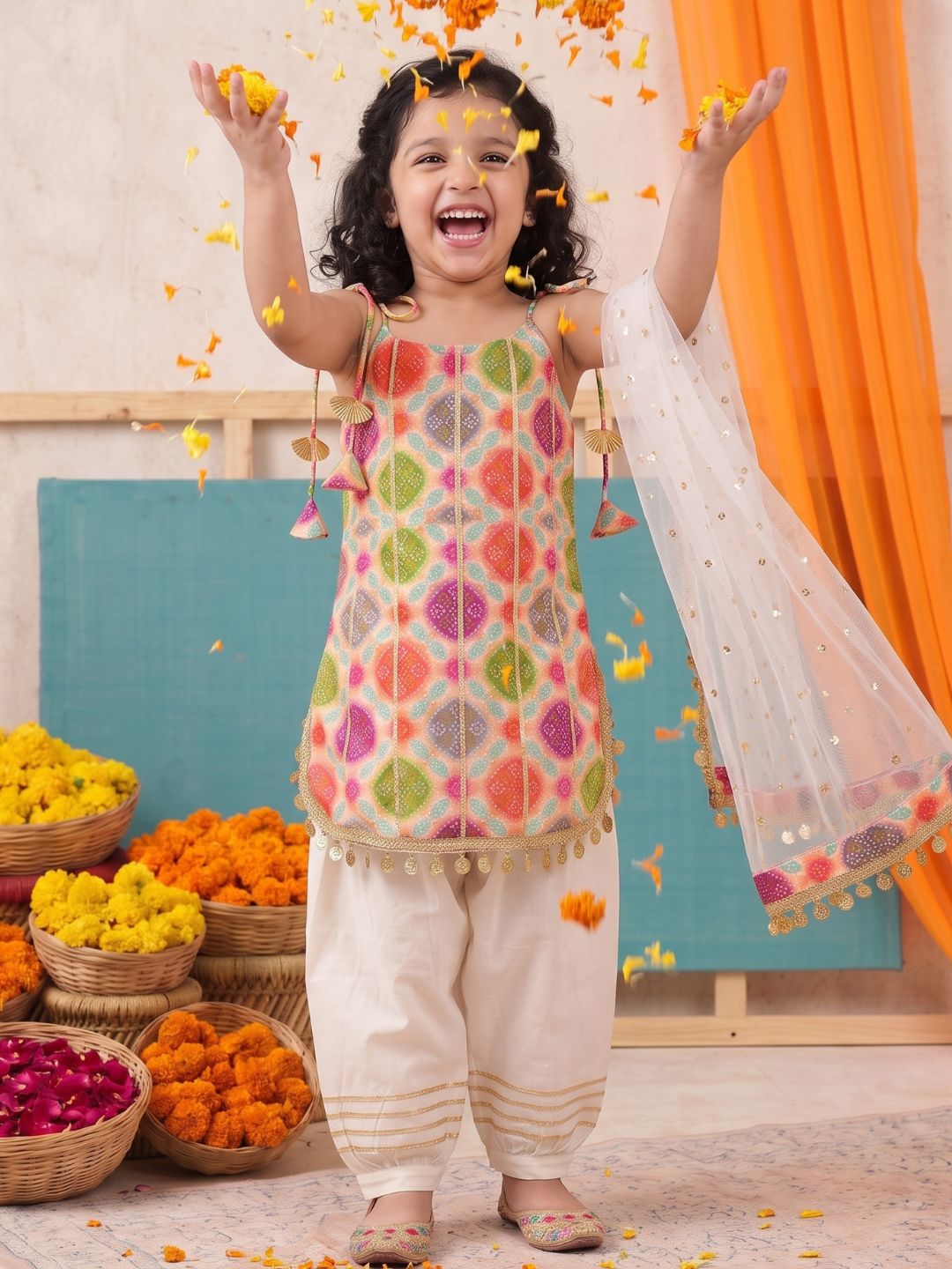 Multicolor Bhandani Print Silk Blend Girls Suit Set