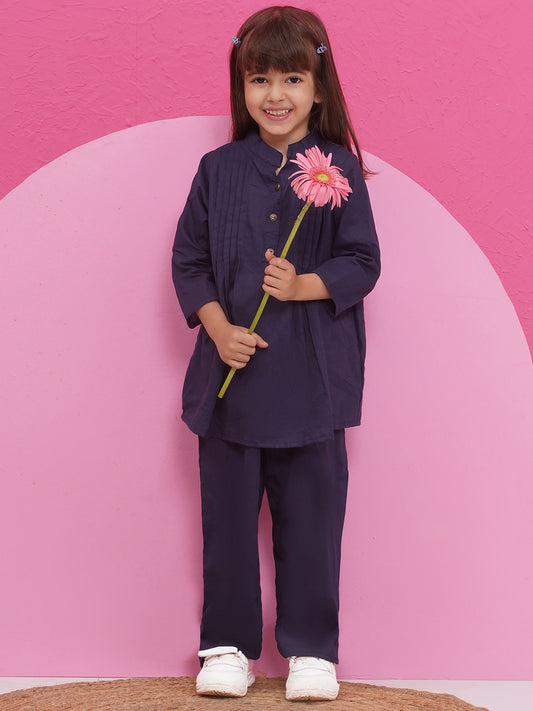 DARK BLUE Pure Cotton 3-4th Sleeves Solid Co-Ords for Girls