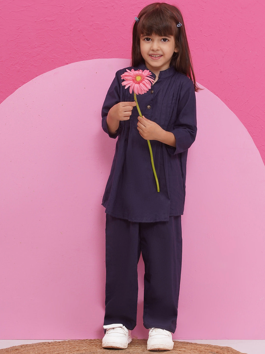 DARK BLUE Pure Cotton 3-4th Sleeves Solid Co-Ords for Girls