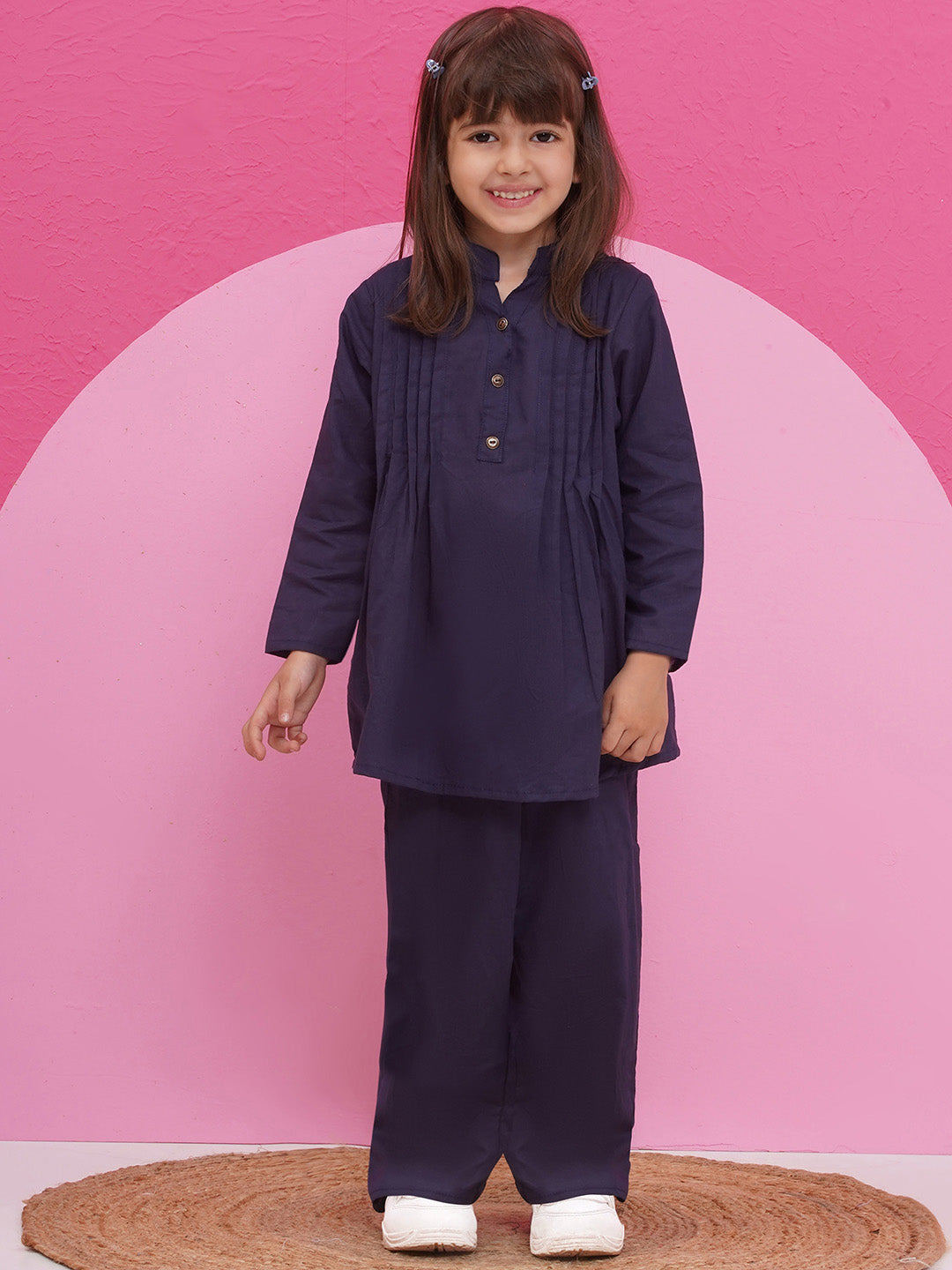 DARK BLUE Pure Cotton 3-4th Sleeves Solid Co-Ords for Girls