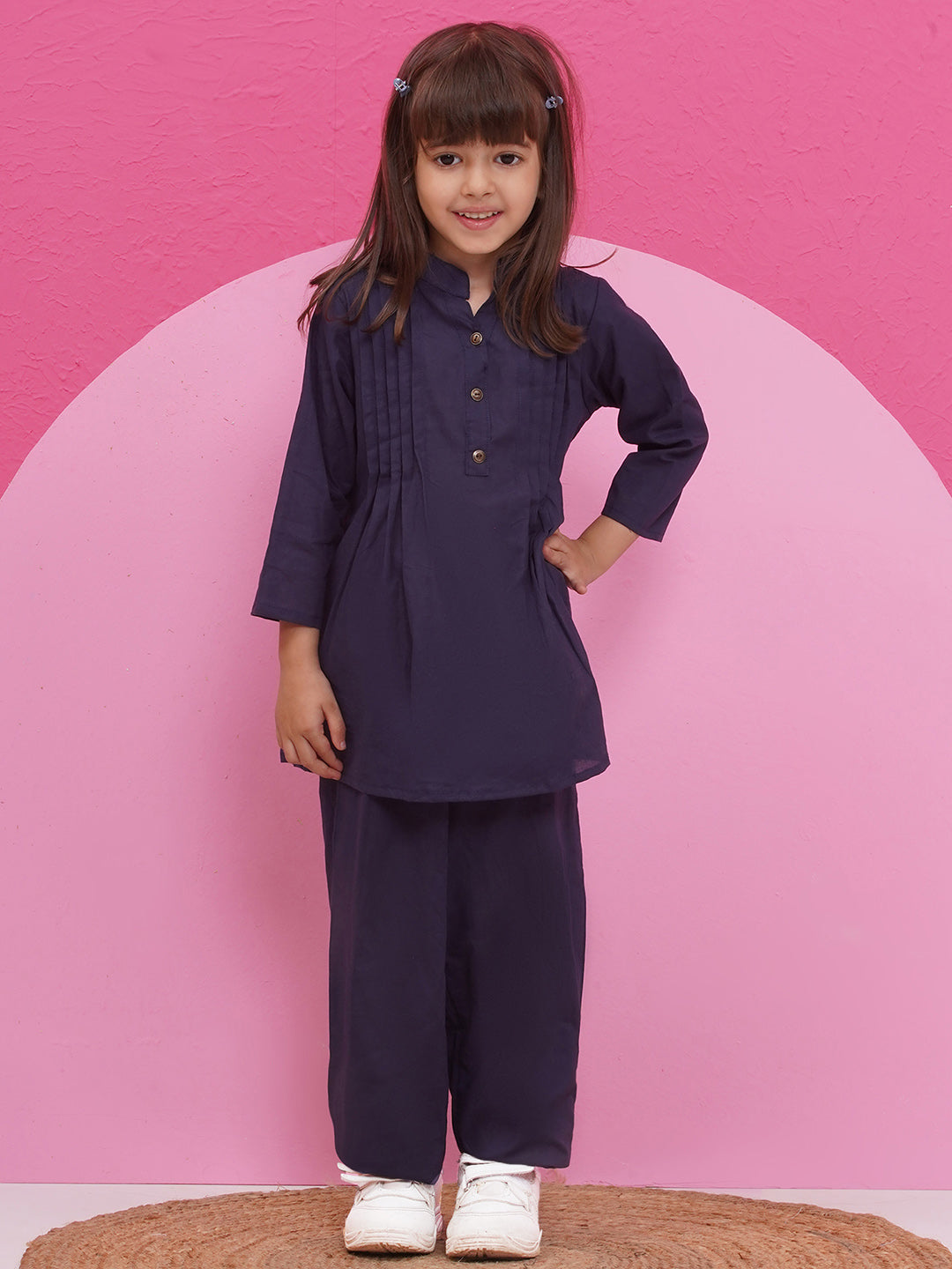 DARK BLUE Pure Cotton 3-4th Sleeves Solid Co-Ords for Girls