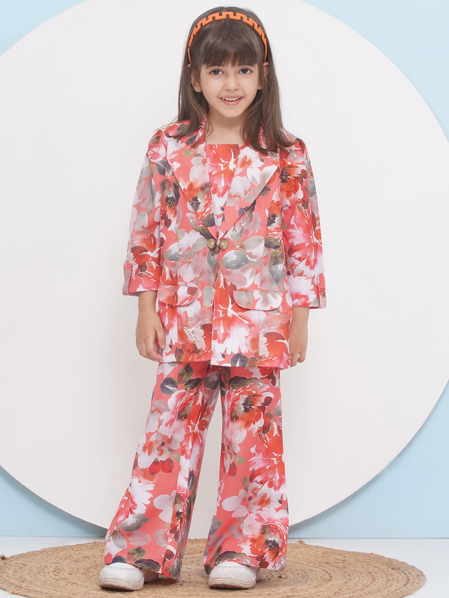 Orange Cotton Three-Fourth Sleeves Printed Co-Ords Set For Girls