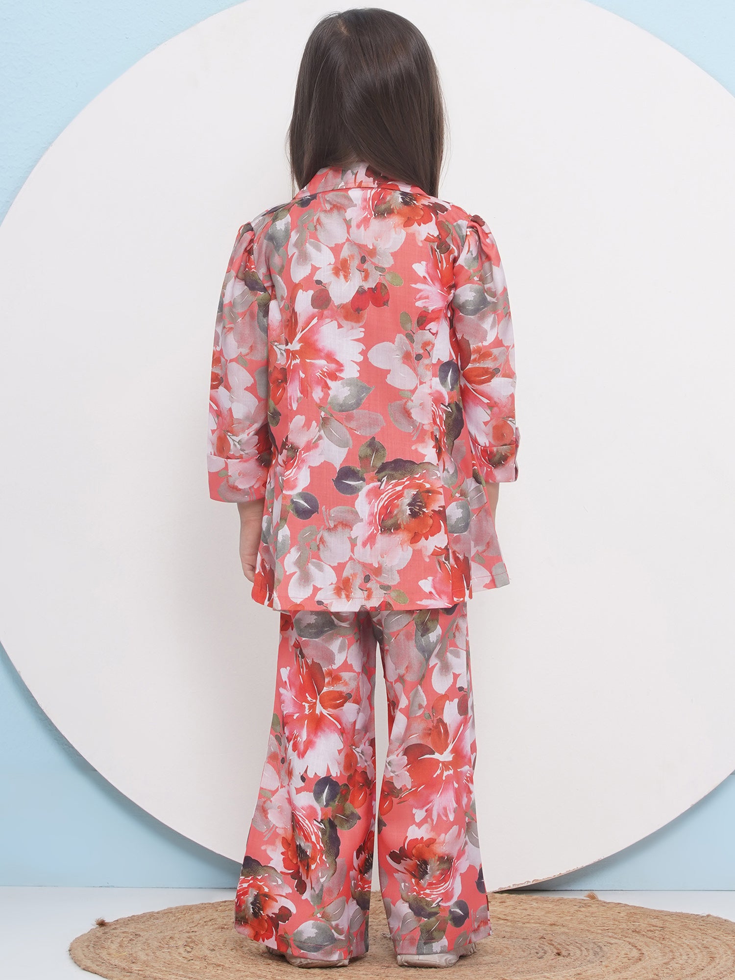 Orange Cotton Three-Fourth Sleeves Printed Co-Ords Set For Girls