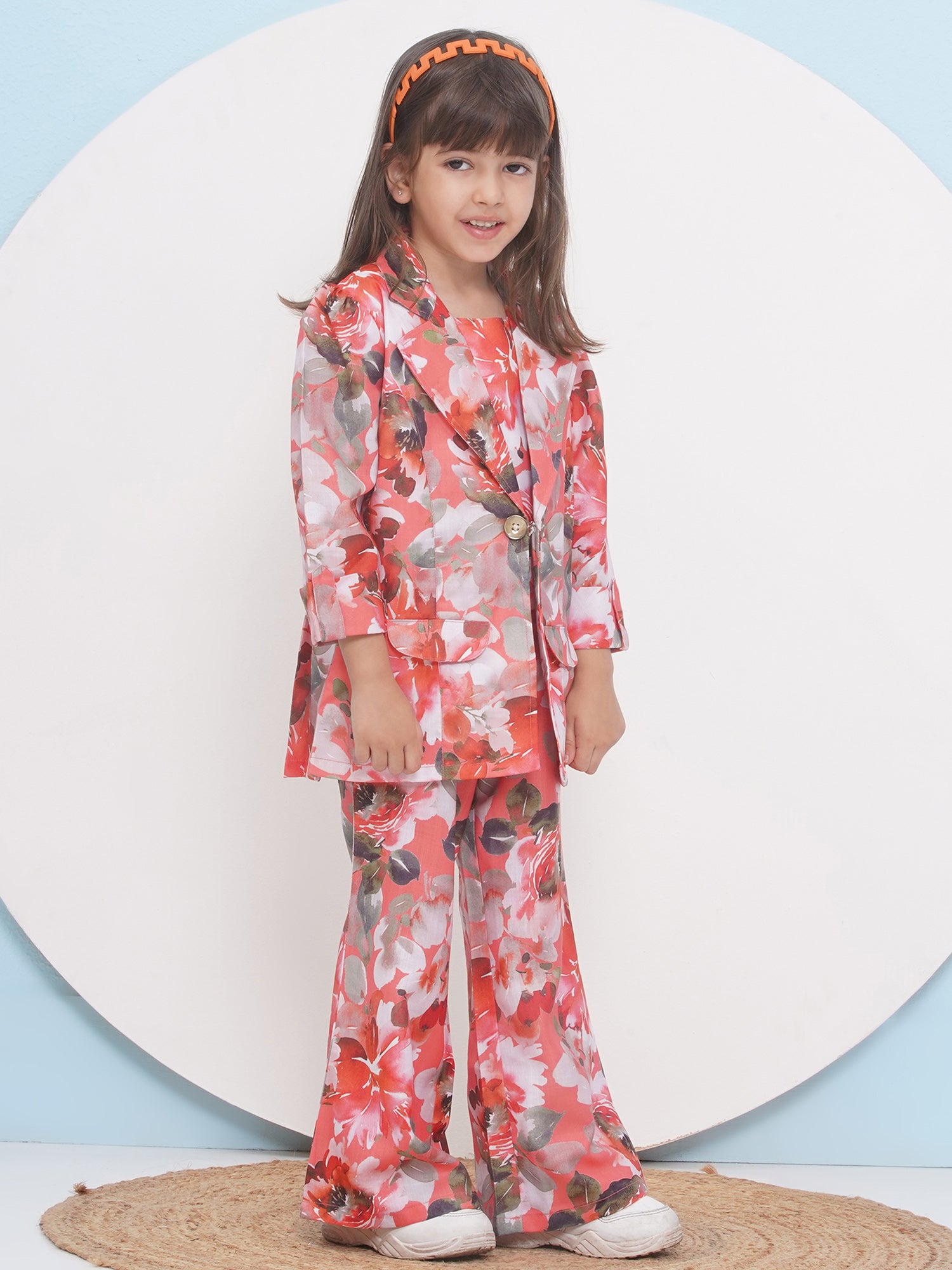 Orange Cotton Three-Fourth Sleeves Printed Co-Ords Set For Girls - AJ Dezines