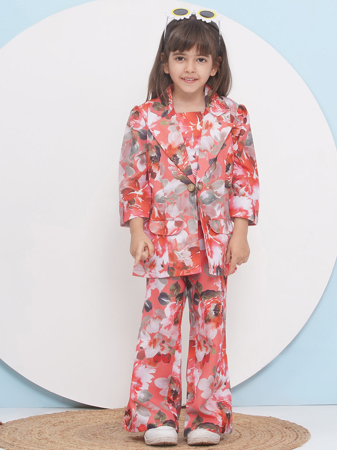 ORANGE Cottom Three-Fourth Sleeves Printed Co-Ords Set for Girls