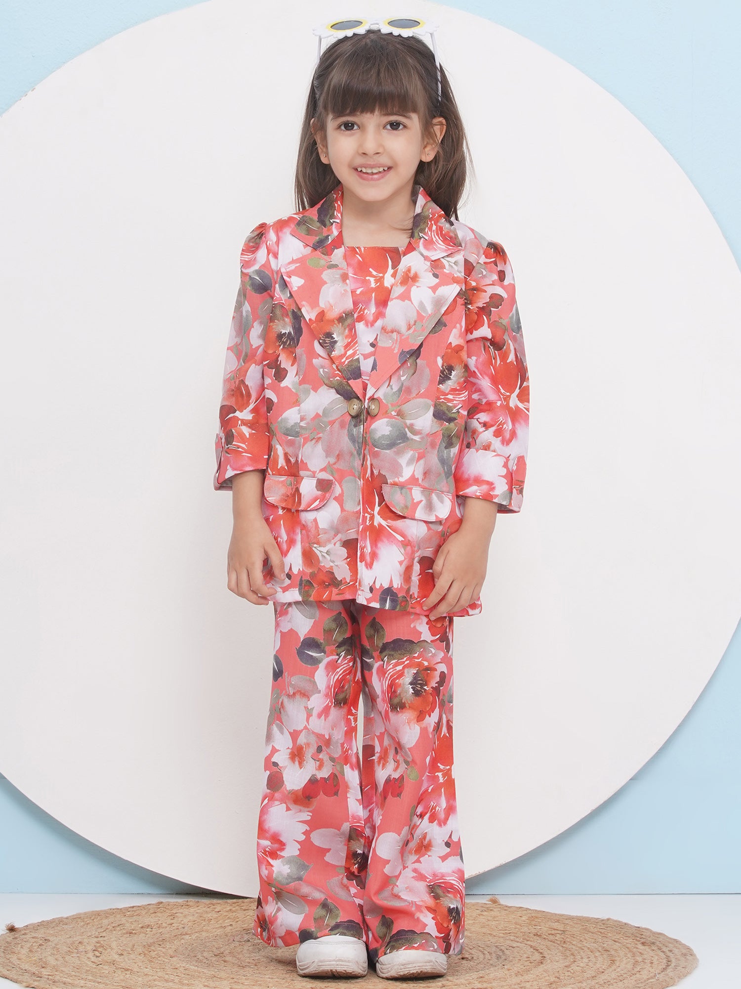 Orange Cotton Three-Fourth Sleeves Printed Co-Ords Set For Girls - AJ Dezines