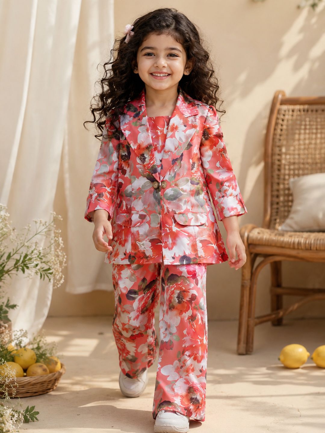 Orange Cotton Three-Fourth Sleeves Printed Co-Ords Set For Girls