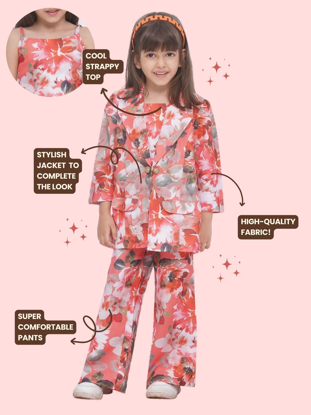 ORANGE Cottom Three-Fourth Sleeves Printed Co-Ords Set for Girls