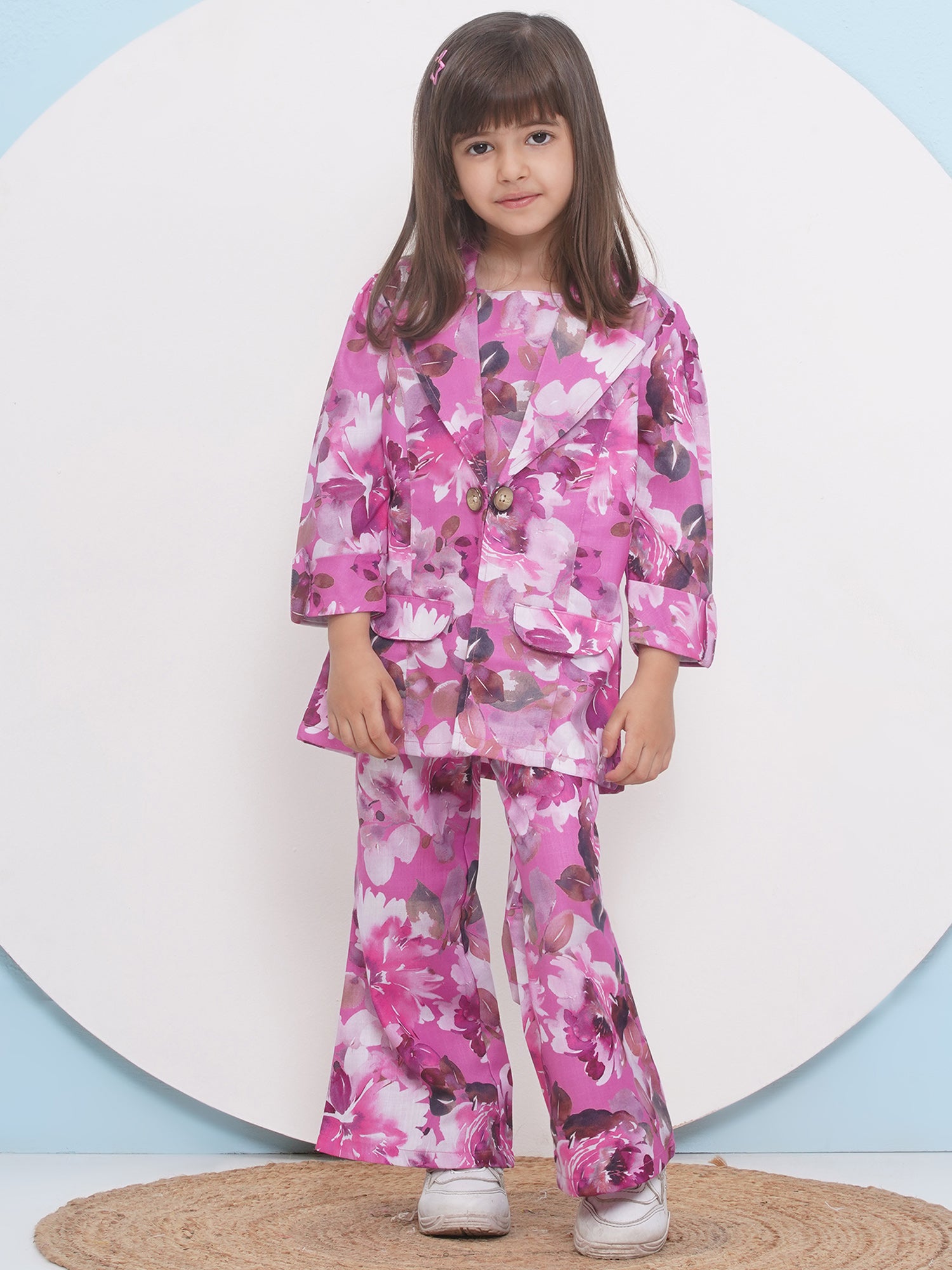 Purple Cotton Three-Fourth Sleeves Printed Co-Ords Set For Girls