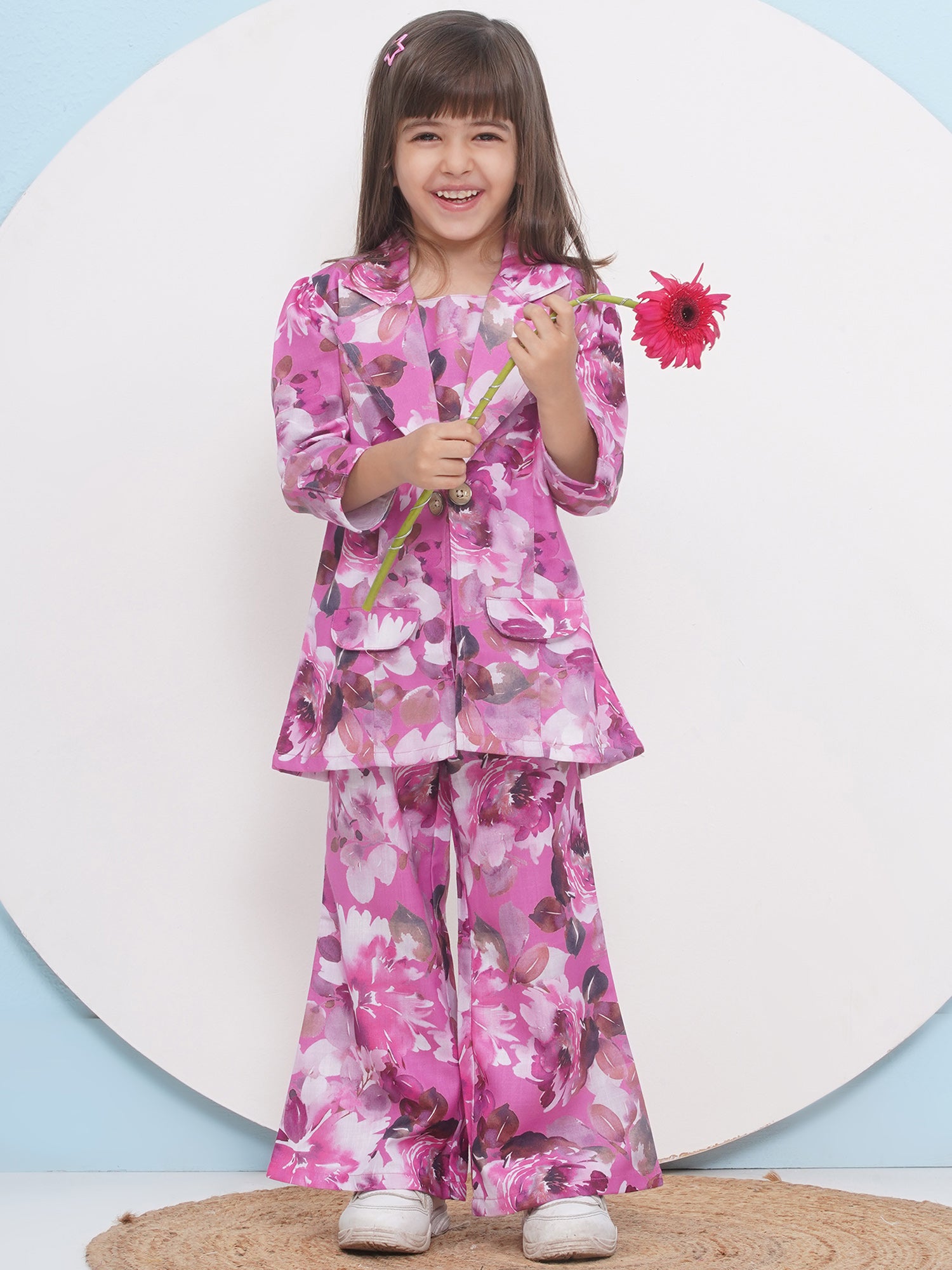 Purple Cotton Three-Fourth Sleeves Printed Co-Ords Set For Girls