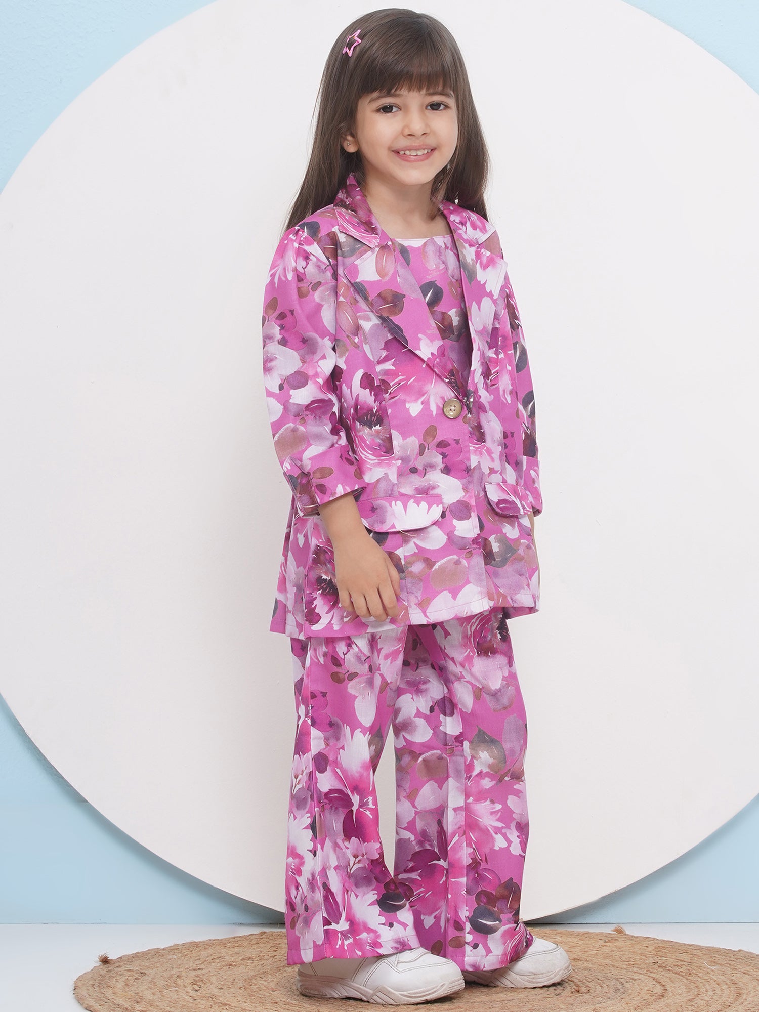 Purple Cotton Three-Fourth Sleeves Printed Co-Ords Set For Girls