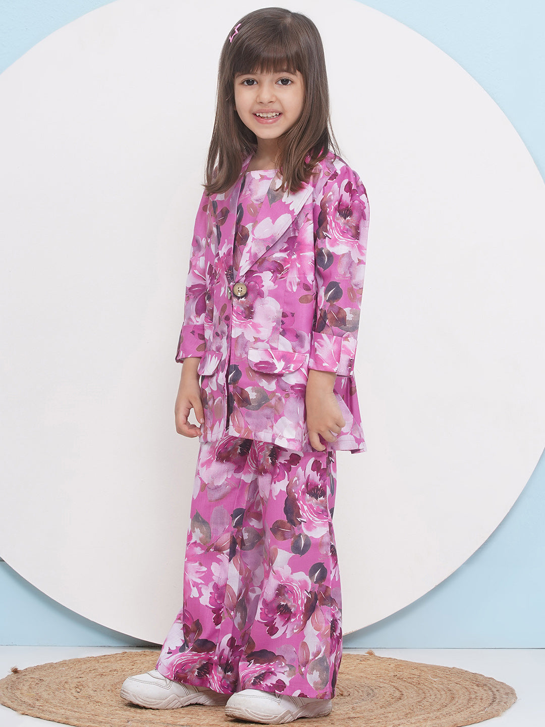 PURPLE Cottom Three-Fourth Sleeves Printed Co-Ords Set for Girls