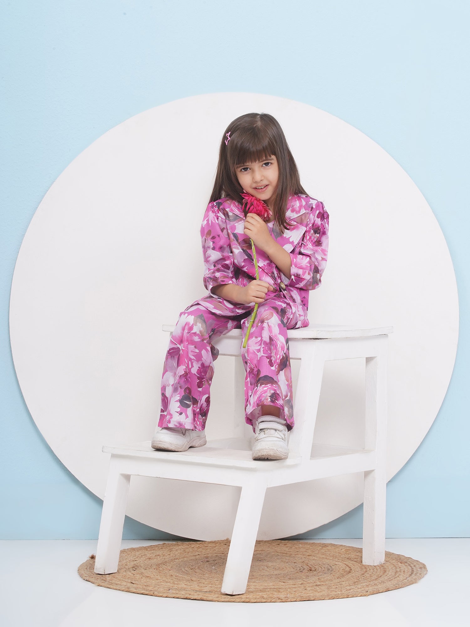 Purple Cotton Three-Fourth Sleeves Printed Co-Ords Set For Girls