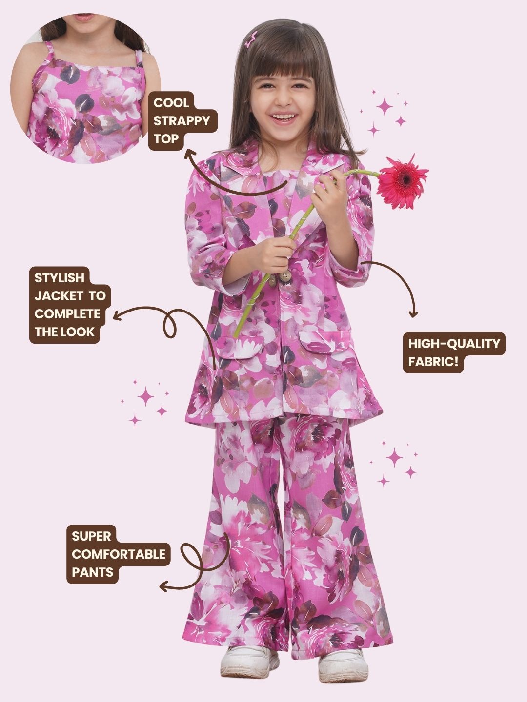 PURPLE Cottom Three-Fourth Sleeves Printed Co-Ords Set for Girls