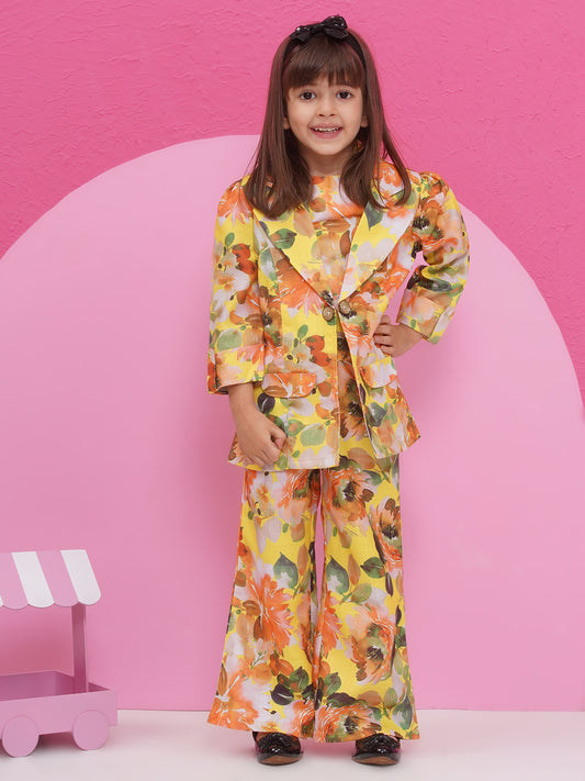 Aj Dezines Yellow Cottom Three-Fourth Sleeves Printed Co-Ords Set For Girls