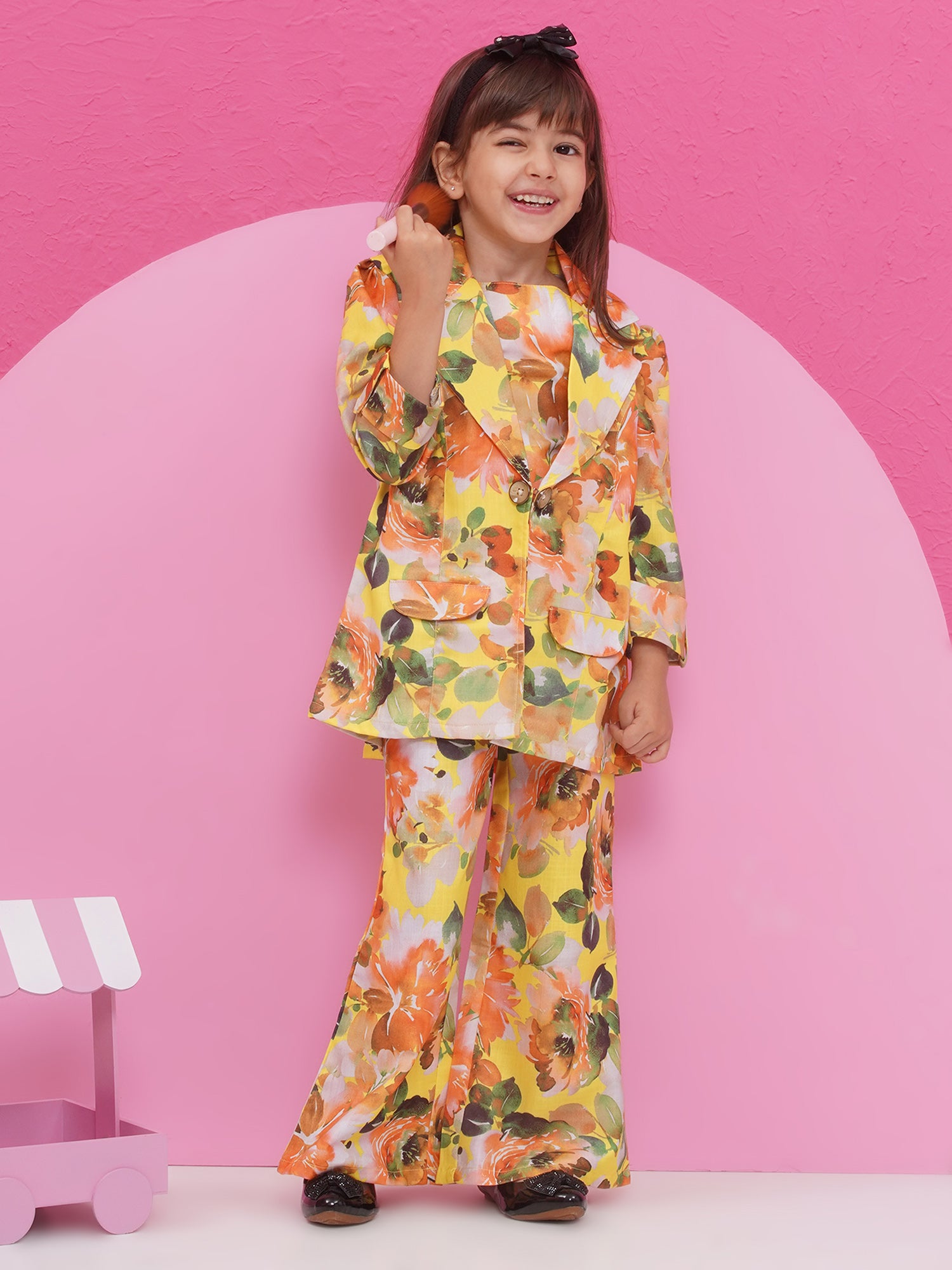 Yellow Cotton Three-Fourth Sleeves Printed Co-Ords Set For Girls