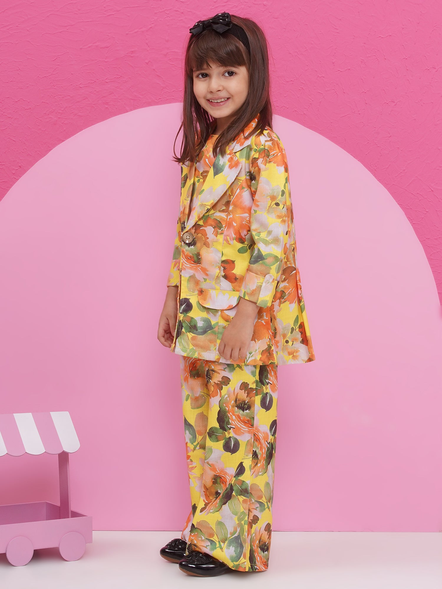 Yellow Cotton Three-Fourth Sleeves Printed Co-Ords Set For Girls