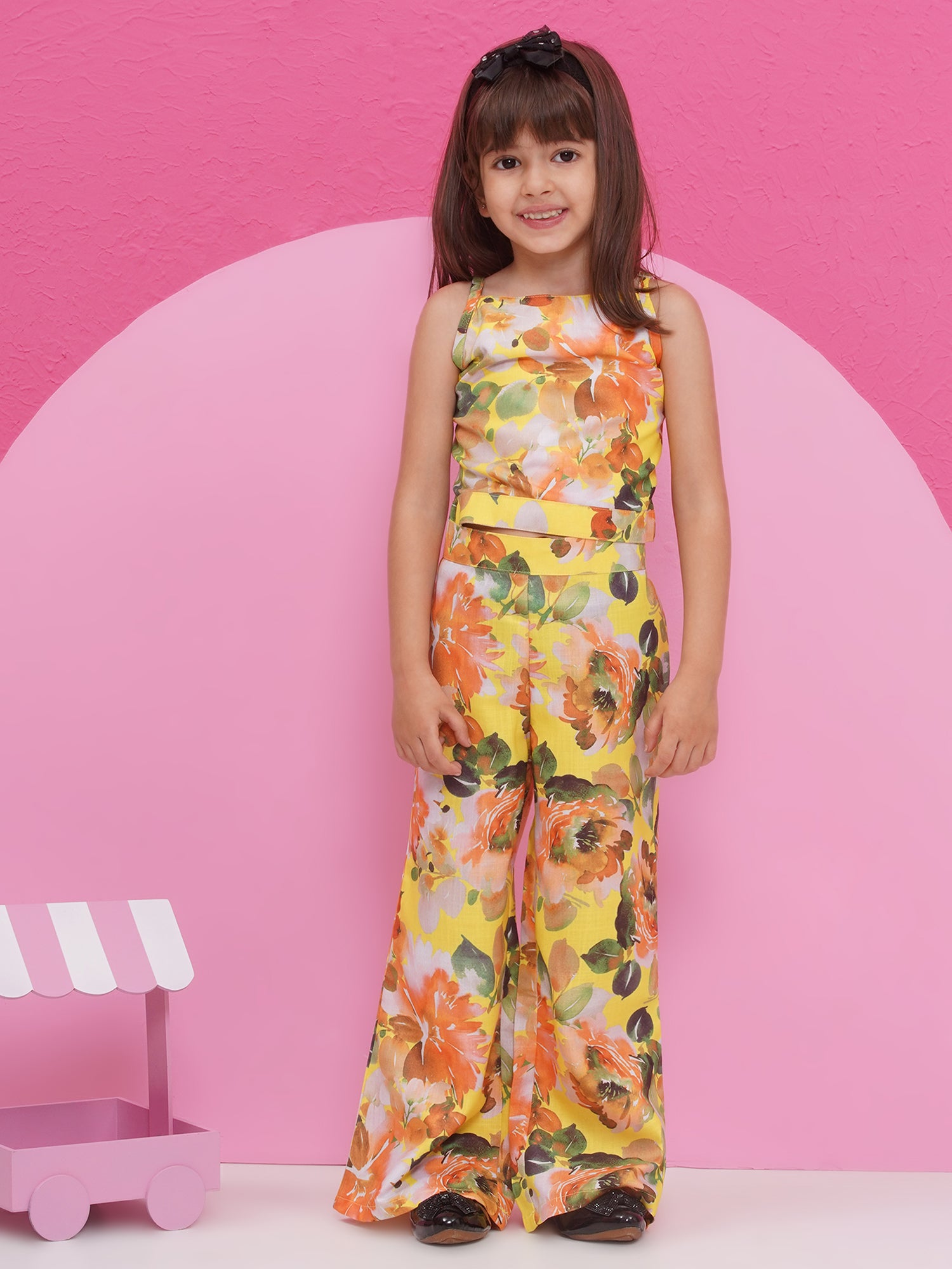 Yellow Cotton Three-Fourth Sleeves Printed Co-Ords Set For Girls