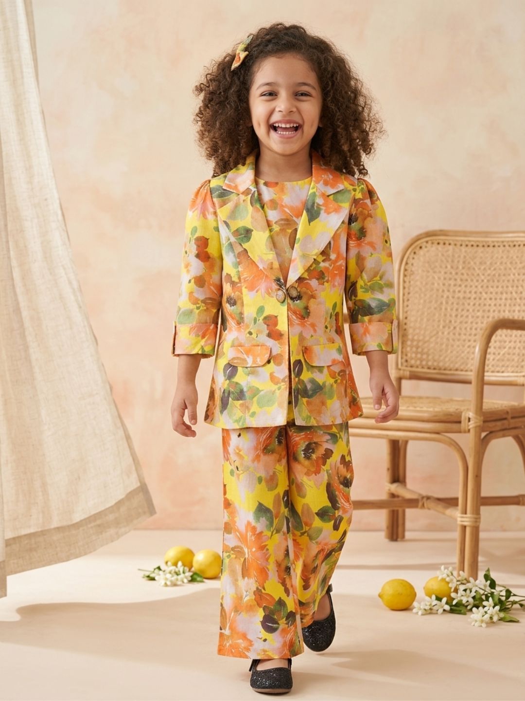 Yellow Cotton Three-Fourth Sleeves Printed Co-Ords Set For Girls