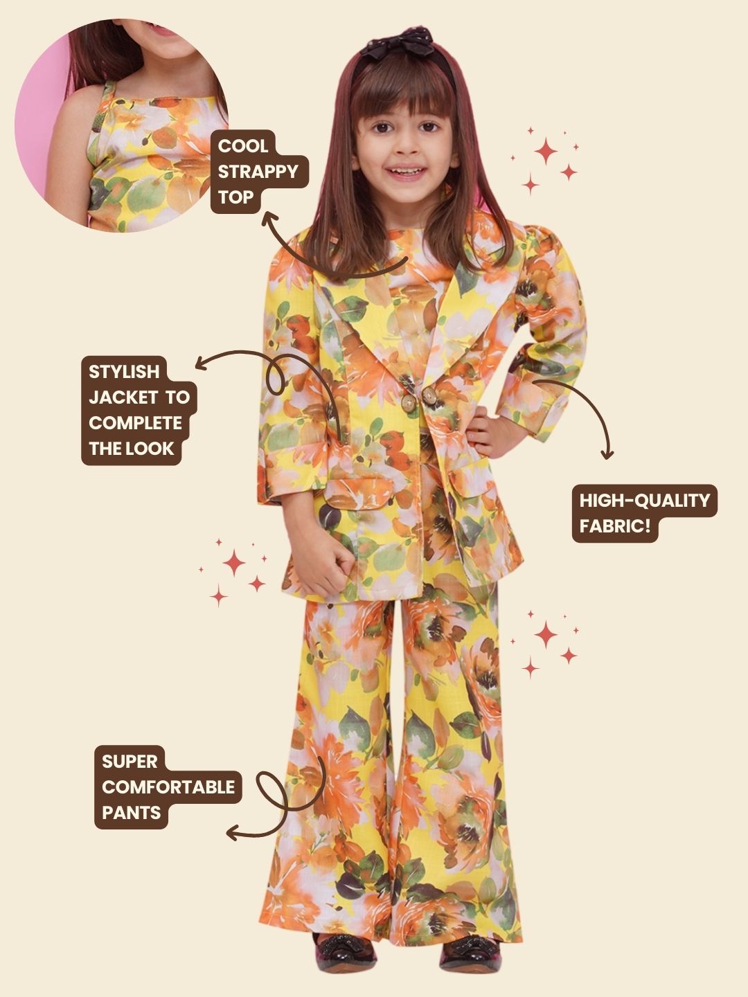 YELLOW Cottom Three-Fourth Sleeves Printed Co-Ords Set for Girls