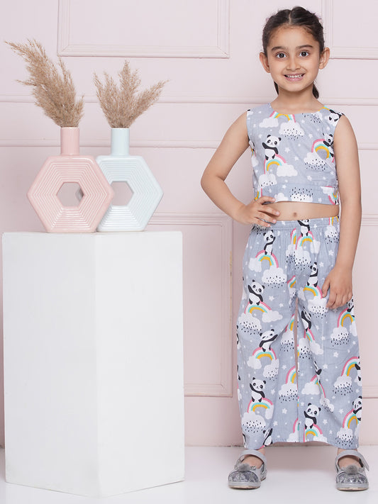 Grey Sleeveless Cotton CO-ORD Set with panda rainbow and cloud Print and Round Neck for Girls