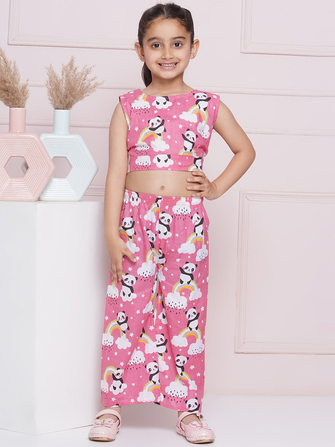 Pink Sleeveless Cotton CO-ORD Set with panda rainbow and cloud Print and Round Neck for Girls