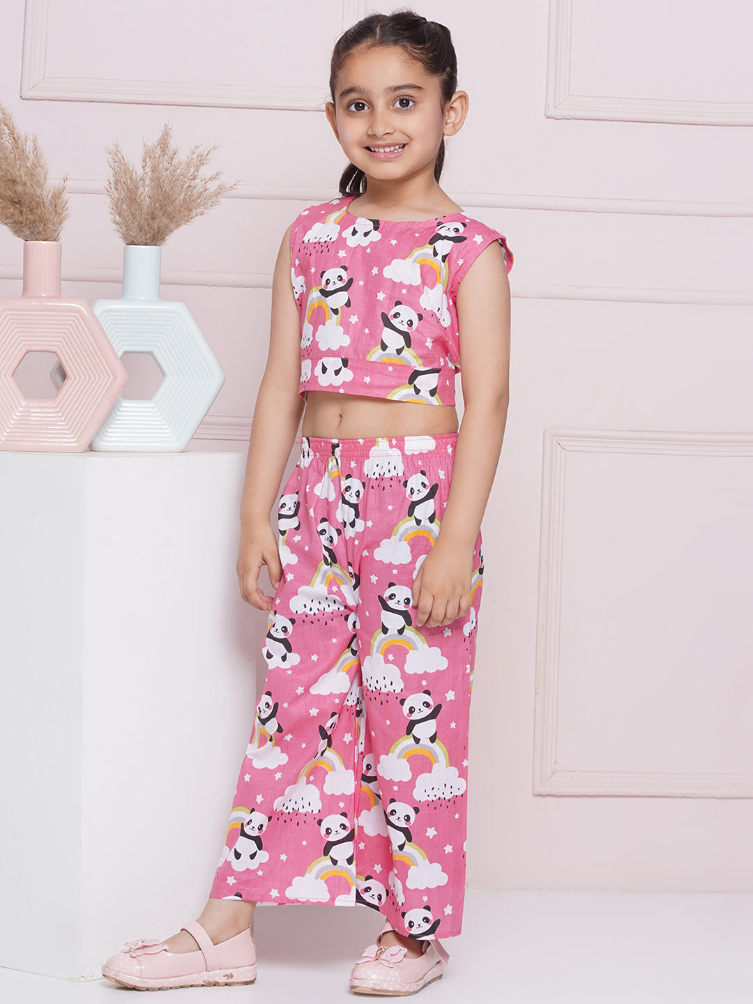 Pink Sleeveless Cotton CO-ORD Set with panda rainbow and cloud Print and Round Neck for Girls