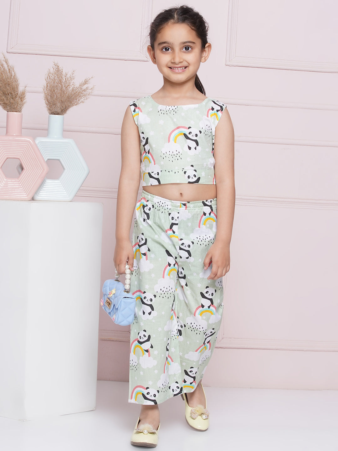 Pista Sleeveless Cotton CO-ORD Set with panda rainbow and cloud Print and Round Neck for Girls