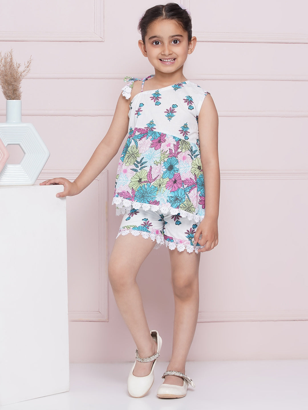 AJ Dezines Sleeveless Multi Color Floral print Cotton Top and Half Pant for Girls