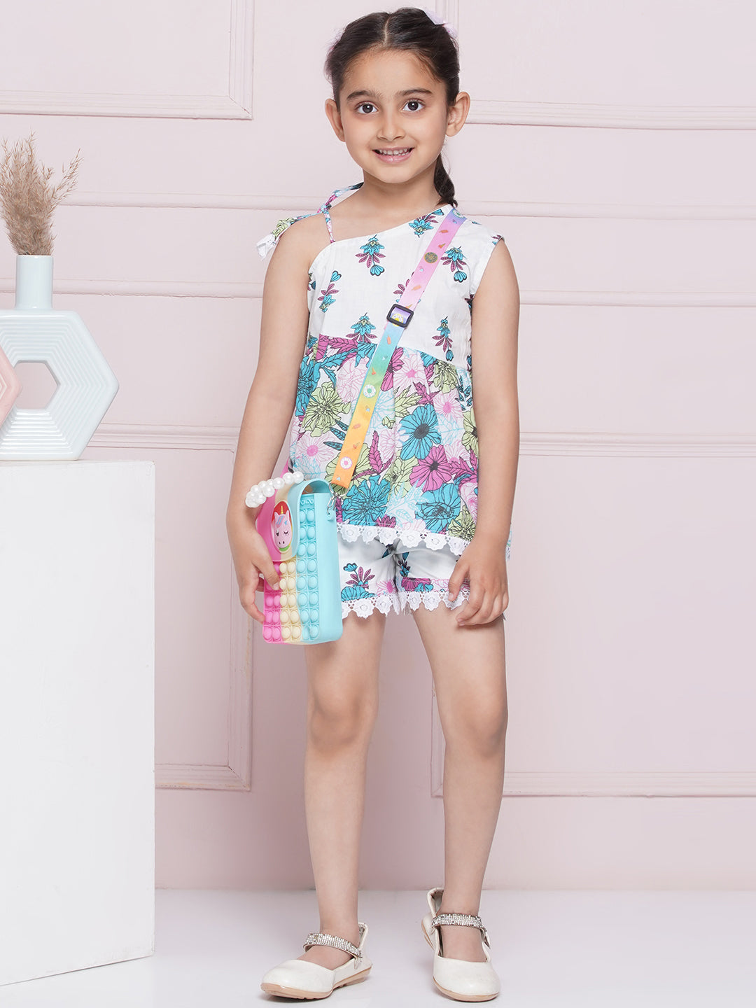 AJ Dezines Sleeveless Multi Color Floral print Cotton Top and Half Pant for Girls