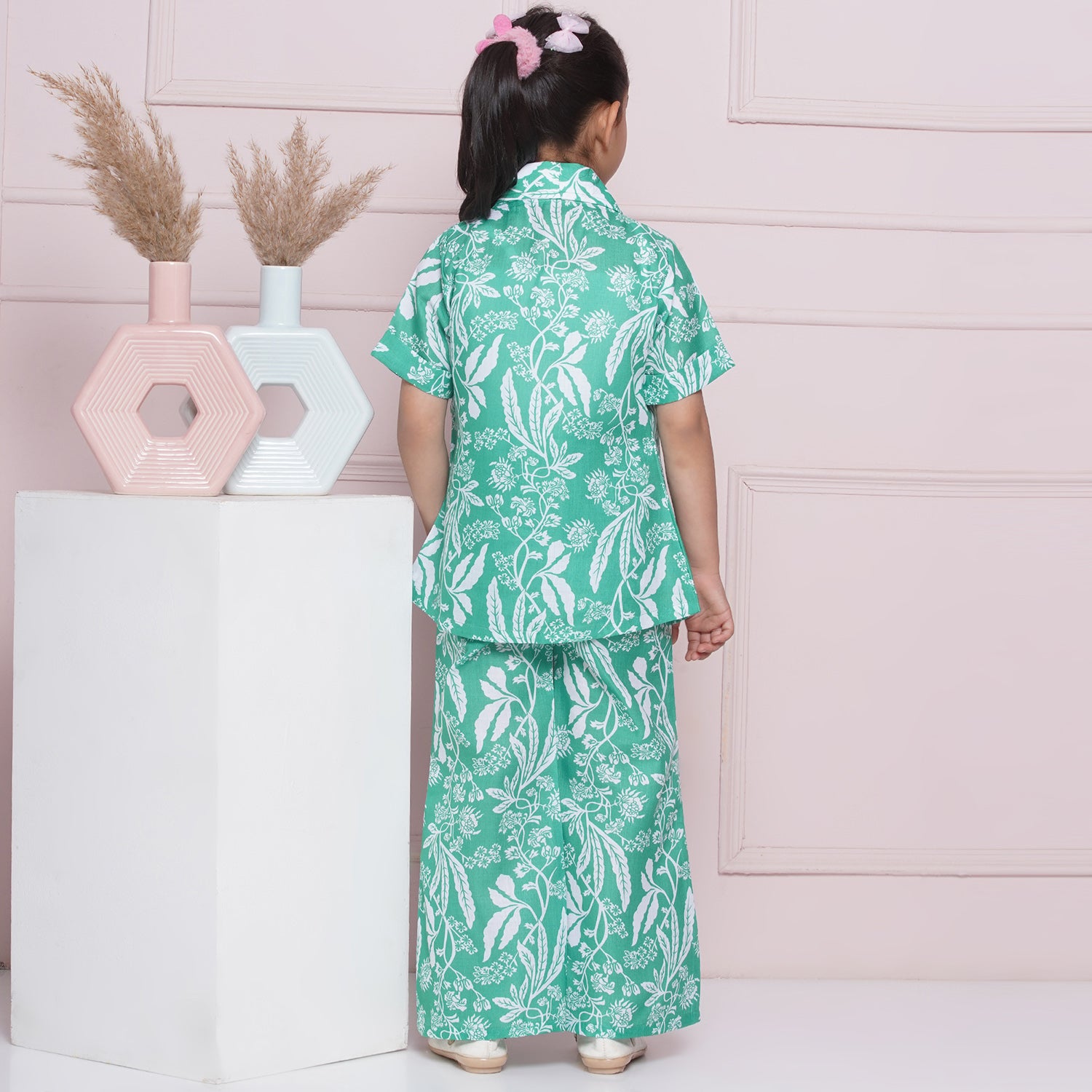 Kids Girls Green Tropical Print Cotton CO-Ords Set - AJ Dezines