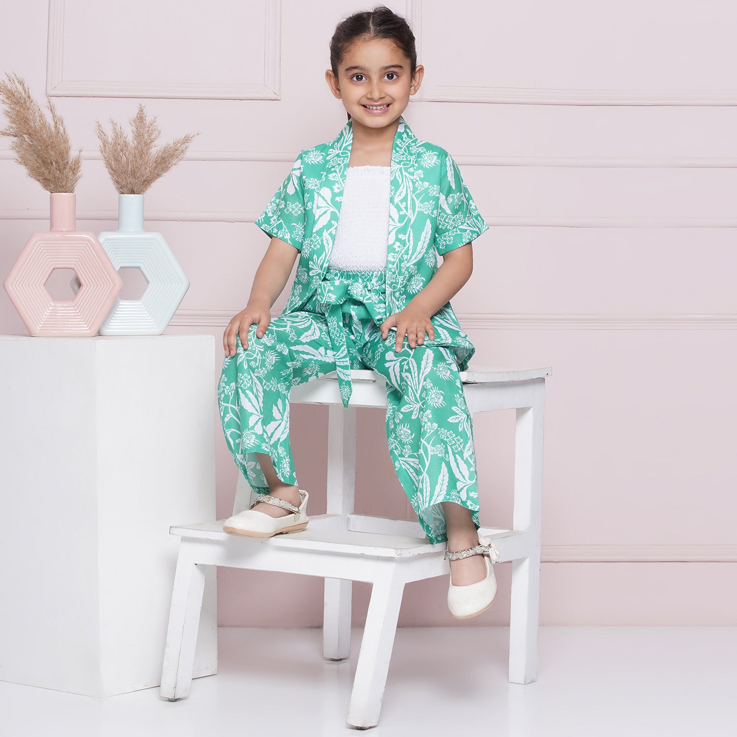 Kids Girls Green Tropical Print Cotton CO-Ords Set - AJ Dezines
