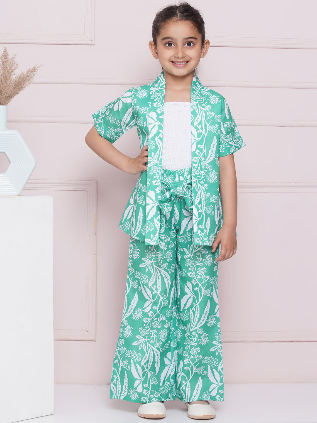 AJ Dezines Half Sleeves Green Tropical Print Cotton Top Pant and Shrug for Girls
