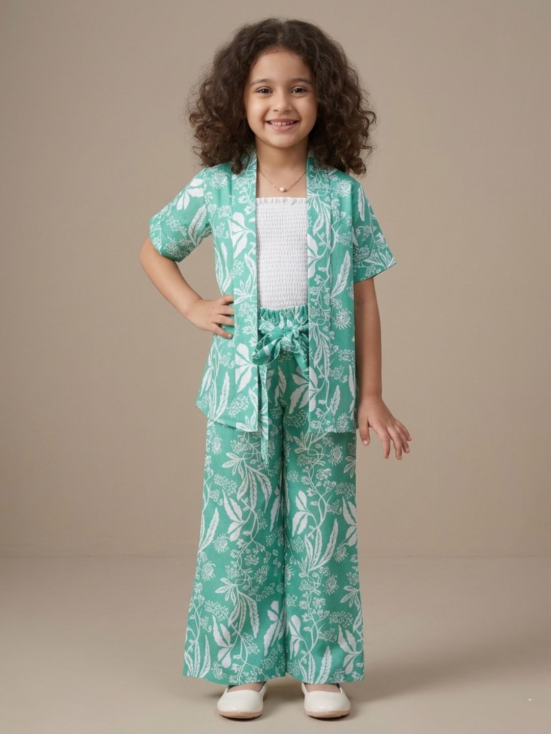Kids Girls Green Tropical Print Cotton CO-Ords Set